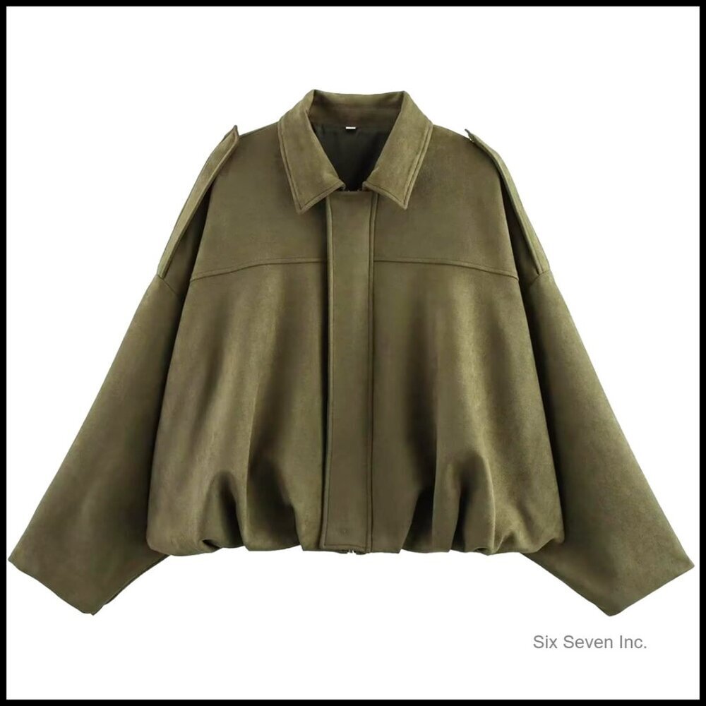 Faux Suede Bomber Jacket Oversized Pilot Coat Streetwear Zip Up Outerwear